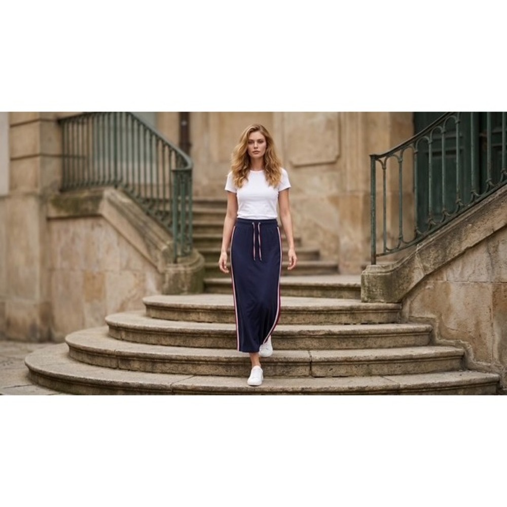 Tommy Hilfiger Womens Navy Blue Side Stripe Drawstring Midi Skirt Large